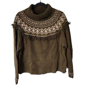 Y2K Fair Isle Fringe Turtleneck Sweater - Olive Green - XL Route 66